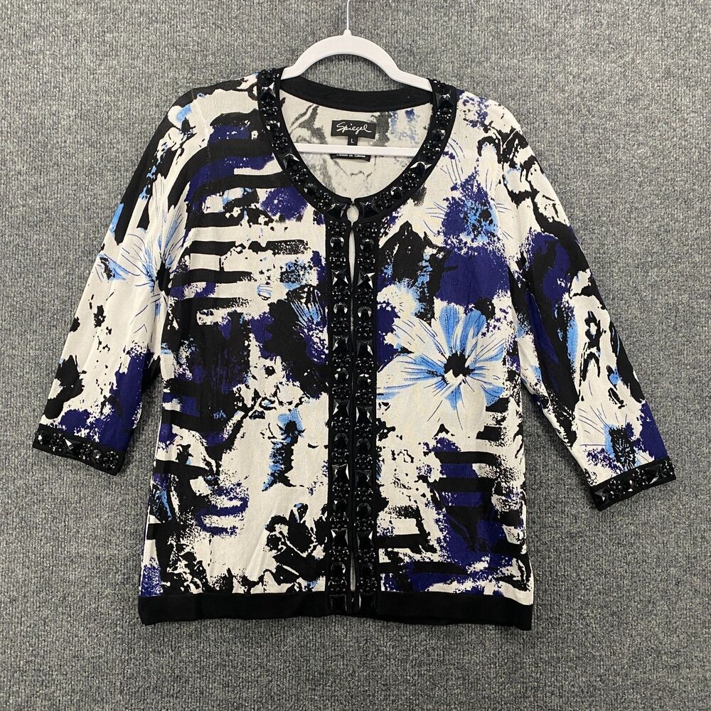 Spiegel Cardigan Sweater Womens L Blue Floral‎ Beaded Ladies Evening Cocktail